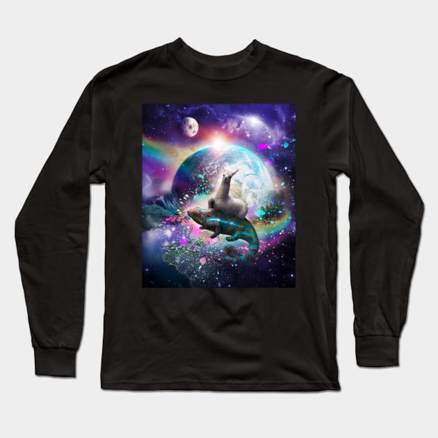 Llama Riding Rainbow Chameleon Lizard In Space Universe Long Sleeve T-Shirt by Random Galaxy